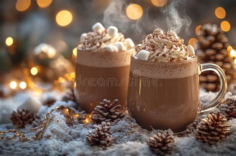 Two Steaming Mugs Of Hot Chocolate Topped With Whipped Cream And Marshmallows Nestled In A