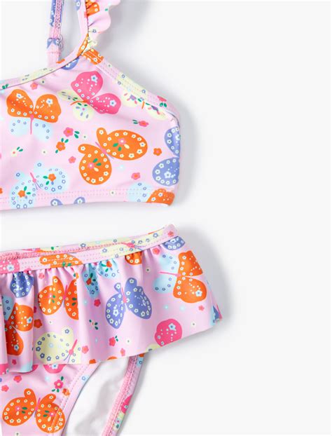 Pembe Kız Çocuk Kelebekli Bikini Seti Parça Fırfırlı Çapraz Askılı SKG MM Koton
