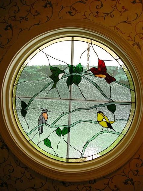 Round Stained Glass Window Yellow And Red Birds