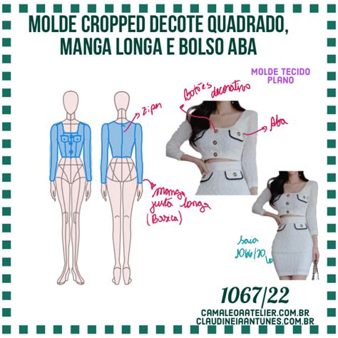 Molde Cropped Decote Quadrado Manga Longa E Bolso Aba