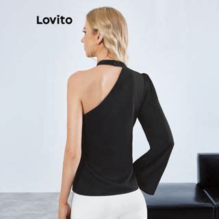 Lovito Elegante Blusa Assim Trica Lisa Para Mulheres Lbe Preto