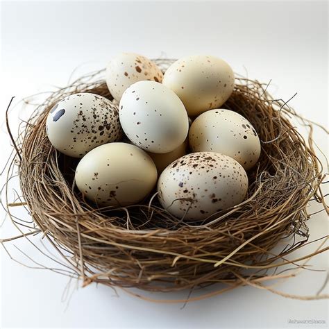 Un nido de huevos con un fondo blanco y un pájaro moteado de negro