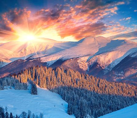 Colorful Bright Sunrise In Winter Mountains And Forest Stock Photo - Download Image Now - iStock