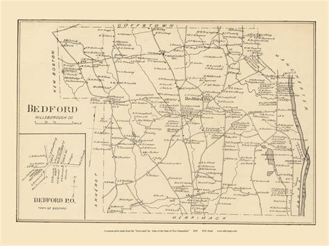 Bedford New Hampshire 1892 Old Town Map Custom Reprint Hurd State