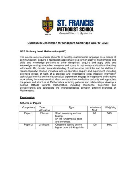 Curriculum Description For Singapore Cambridge Gce O Level Riset