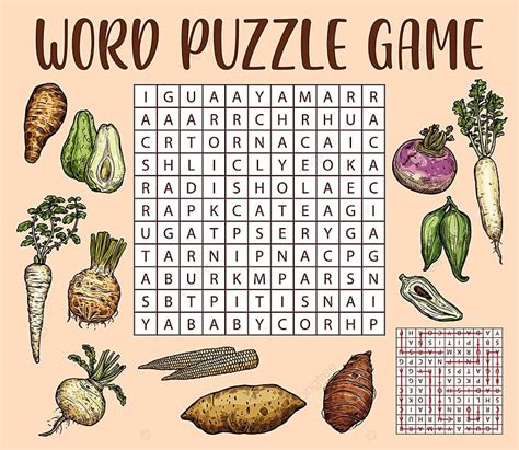 Raw Isolated Vegetable Sketches On Word Search Puzzle Game Worksheet