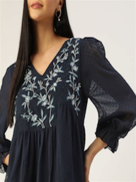 Buy Antheaa Navy Blue Floral Embroidered Dobby Weave Puff Sleeves A