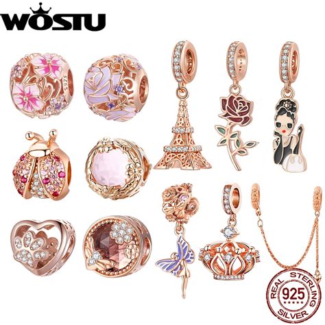 Wostu Sterling Silver Rose Gold Eiffel Tower Charms Pendant Flower