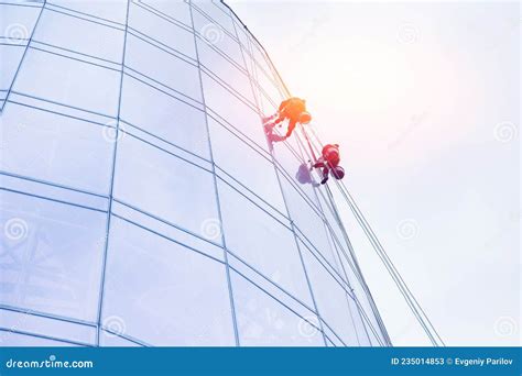 Window Washer Climber Cleaning Glass Building Facade Stock Image