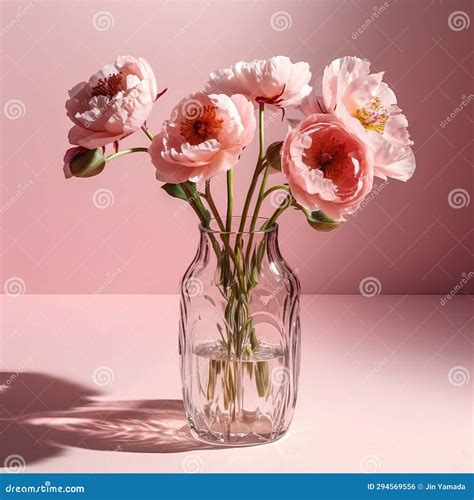 Pink Peonies In A Vase On A Pink Background With Shadows Stock