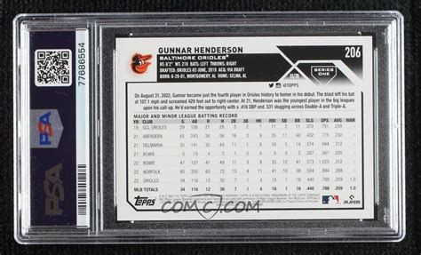 2023 Topps Series 1 Base 206 Gunnar Henderson Psa 10 Gem Mt