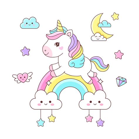 Premium Vector Cute Cartoon Unicorn Flying On The Rainbow Illustration