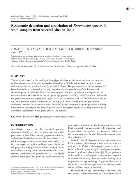 Pdf Systematic Detection And Association Of Entamoeba Species In Stool Samples From Selected