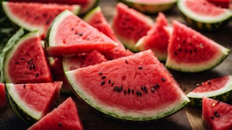 Macro And Close Up Of Juicy And Fresh Sliced Watermelon Wedges Top