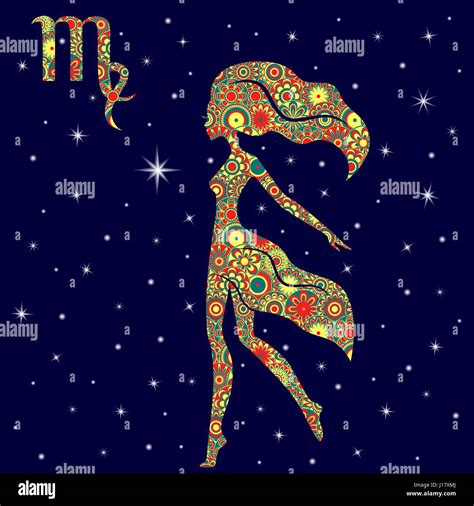 Zodiac Sign Virgo With Colorful Flowers Fill In Warm Hues On A Background Of The Dark Starry Sky