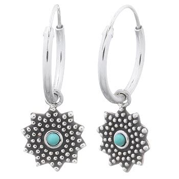 Reconstituted Turquoise Sunflower Silver Hoop Earrings By Beyindi