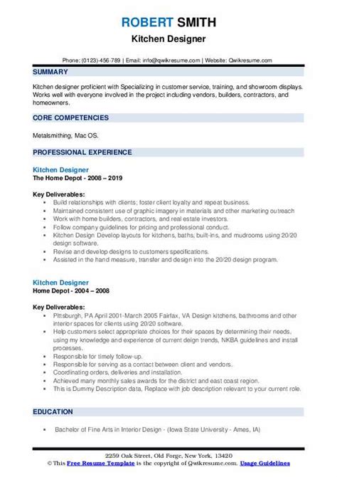 Kitchen Designer Resume Samples QwikResume