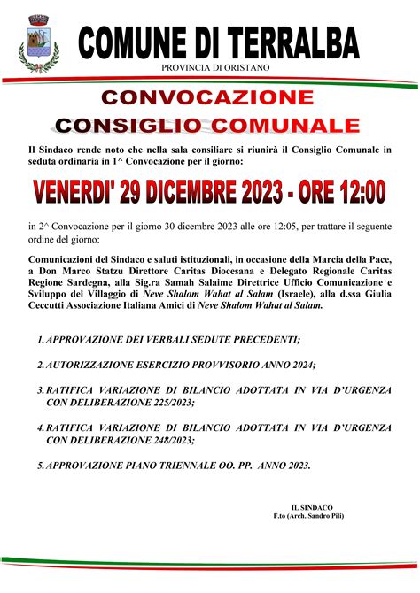 Convocazione Del Consiglio Comunale Per Il Dicembre Ore