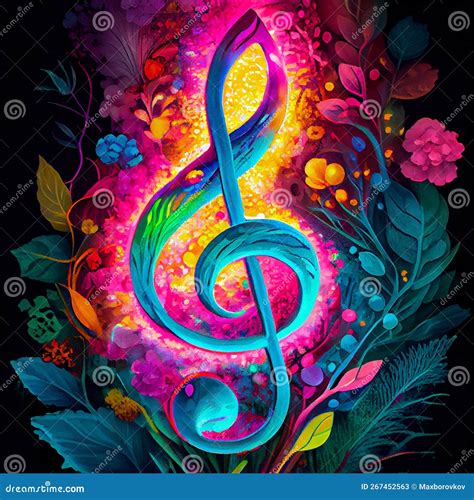 Close Up Surreal Colorful Treble Clef With Flowers Ai Generative Stock