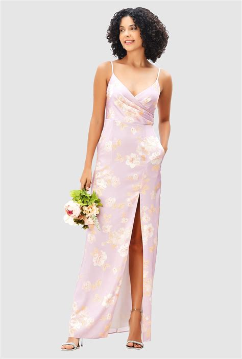 Shop Pleated Surplice Floral Print Satin Vented Dress Eshakti