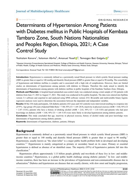 Pdf Determinants Of Hypertension Among Patients With Diabetes Mellitus In Public Hospitals Of