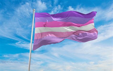 Trans Lesbian Pride Flag Waving In The Wind At Cloudy Sky Freedom And