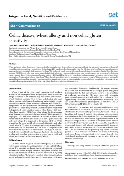 Pdf Celiac Disease Wheat Allergy And Non Celiac Gluten Sensitivity