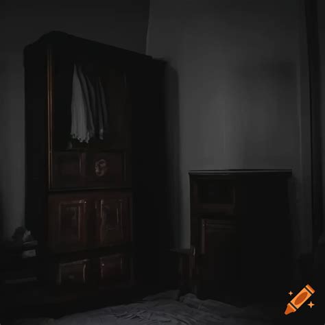 Dark And Eerie Room With A Drawer Picture And Wardrobe At Night On