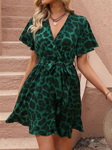 SHEIN VCAY Leopard Print Butterfly Sleeve Ruffle Hem Belted Dress