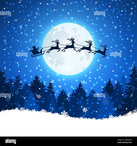 Christmas Background With Santa And Deers Flying On The Sky Xmas Concept Reindeer And Santa