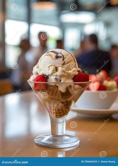 Tasty Ice Cream With Fruits In A Bowl At Restaurant Stock Illustration