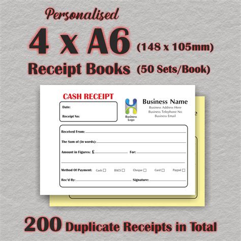 4 X A6 Personalised Duplicate Receipt Books Cash Receipts Full Colour