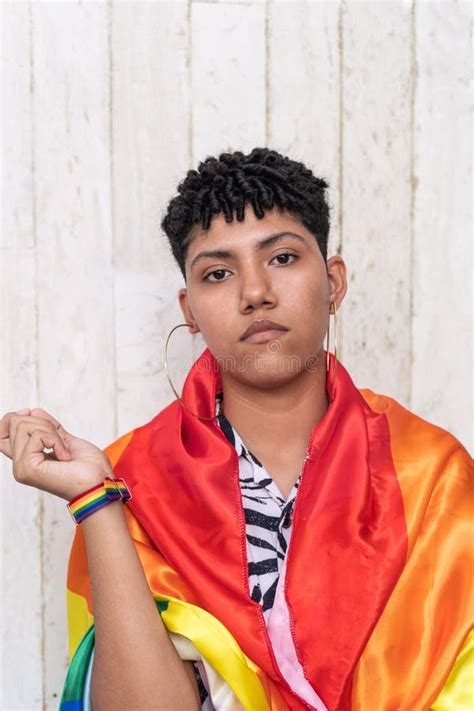 Lesbian Woman Wrapped In Pride Flag Stock Photo Image Of Homosexual Parade