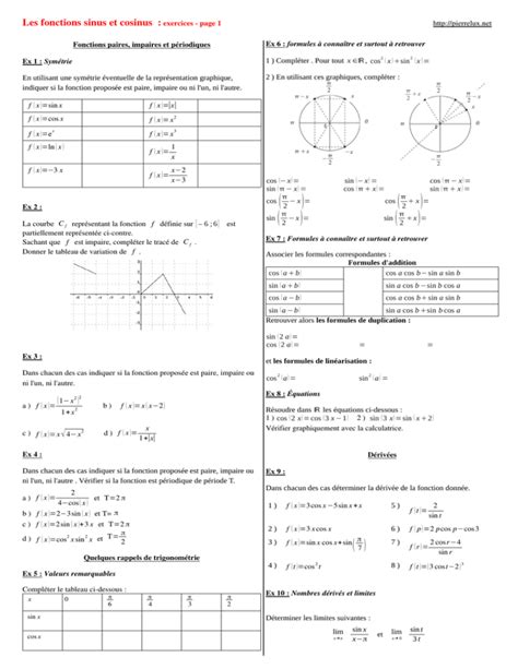 Les Fonctions Sinus Et Cosinus Exercices Page