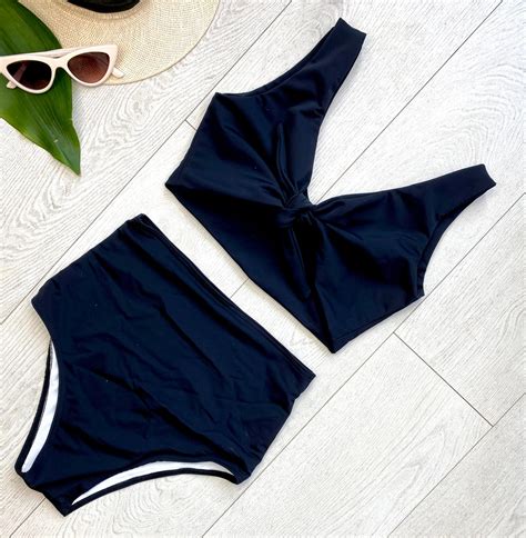 Two Piece High Waisted Swim Suit Bow Bikini Vintage Style Bathing Suit Cut Back Beach