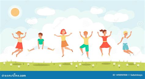 Group Of Cheerful Children Jumping Flat Vector Illustration On A Sunny