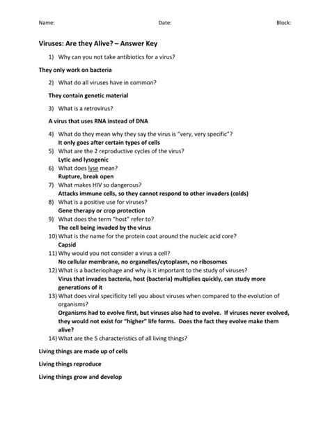 Prokaryotes Lesson 1 Viruses Are They Alive Worksheet