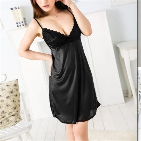 2018 Summer Sexy Womens Deep V Neck Satin Nightgown Sleepwear Night Dress Gown Silk Nightwear