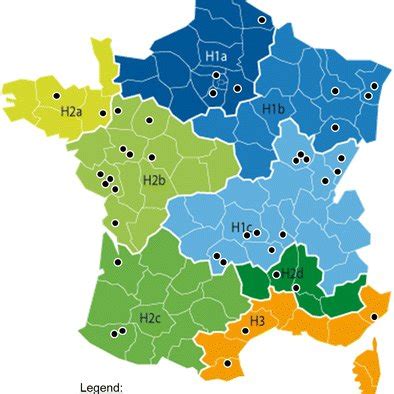 Map of France with the different climate zones (H1a, H1b, H1c, H2a ...