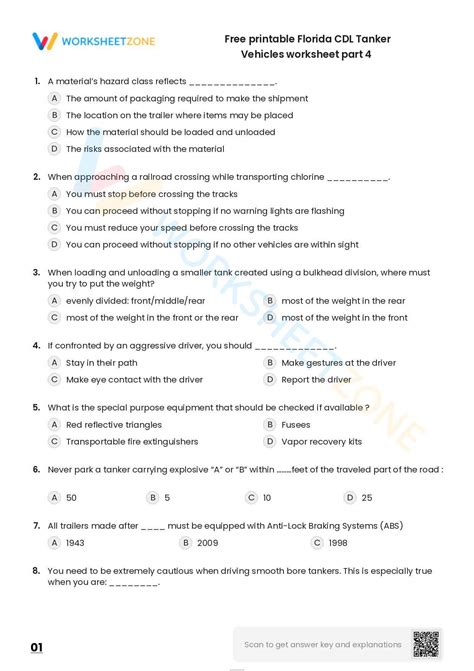 Free Printable Florida Cdl Tanker Vehicles Practice Test Worksheet Zone