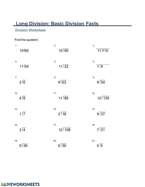 Long Division Facts Worksheet Long Division Worksheets