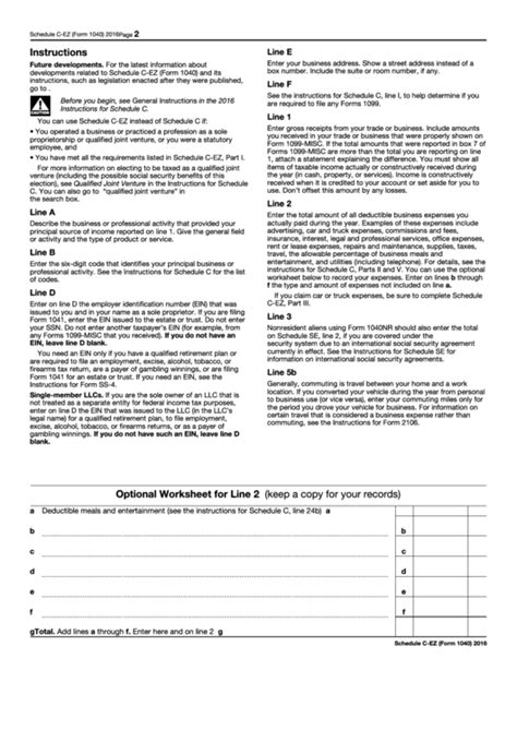 Schedule C-Ez Instructions - 2016 printable pdf download