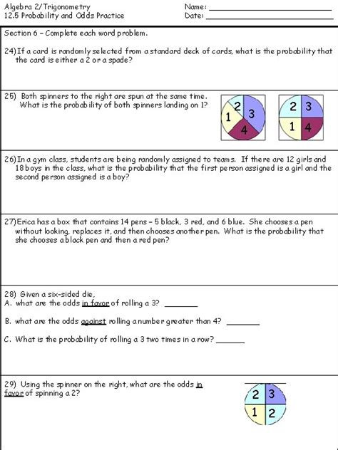 Algebra 2Trigonometry 12 5 Probability And Odds Practice