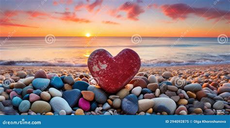 Heart Shaped Stone On A Pebble Beach Illuminated By The Warm Colors Of A Sunset Stock Image