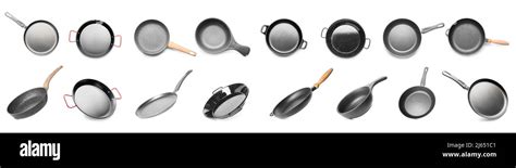 Set Of Empty Frying Pans On White Background Stock Photo Alamy