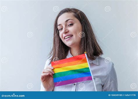 Beautiful Caucasian Lesbian Girl With Lgbt Rainbow Flag Isolated On