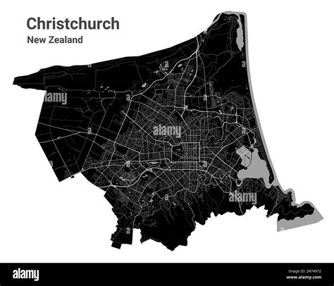 Christchurch map. Detailed black vector map of Christchurch city ...