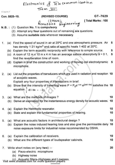 Acoustics Engineering 2010 2011 Be Electronics And Telecommunication Engineering Semester 6 Te