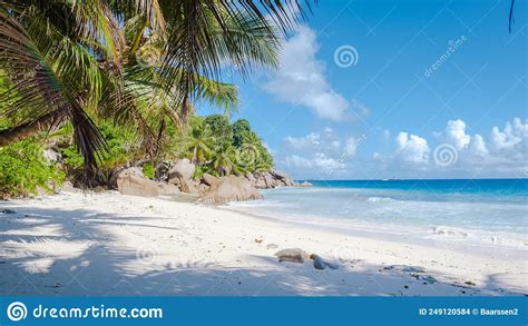 Anse Patates Beach La Digue Island Seyshelles White Beach With Blue