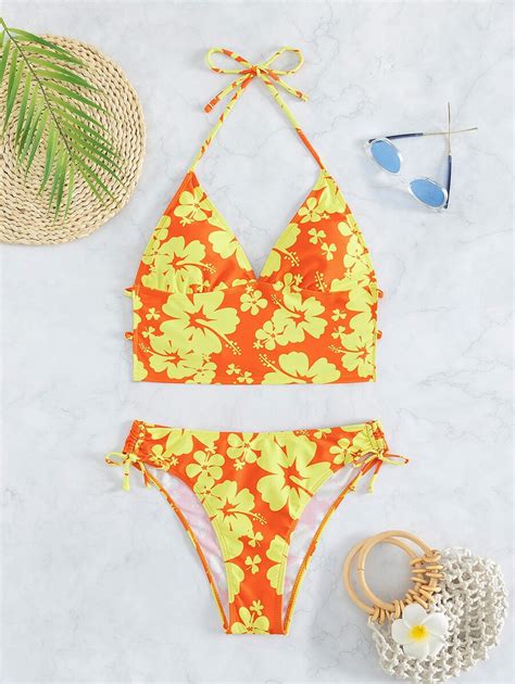 Shein Swim Vcay Summer Beach Floral Print Halter Bikini Swimsuit